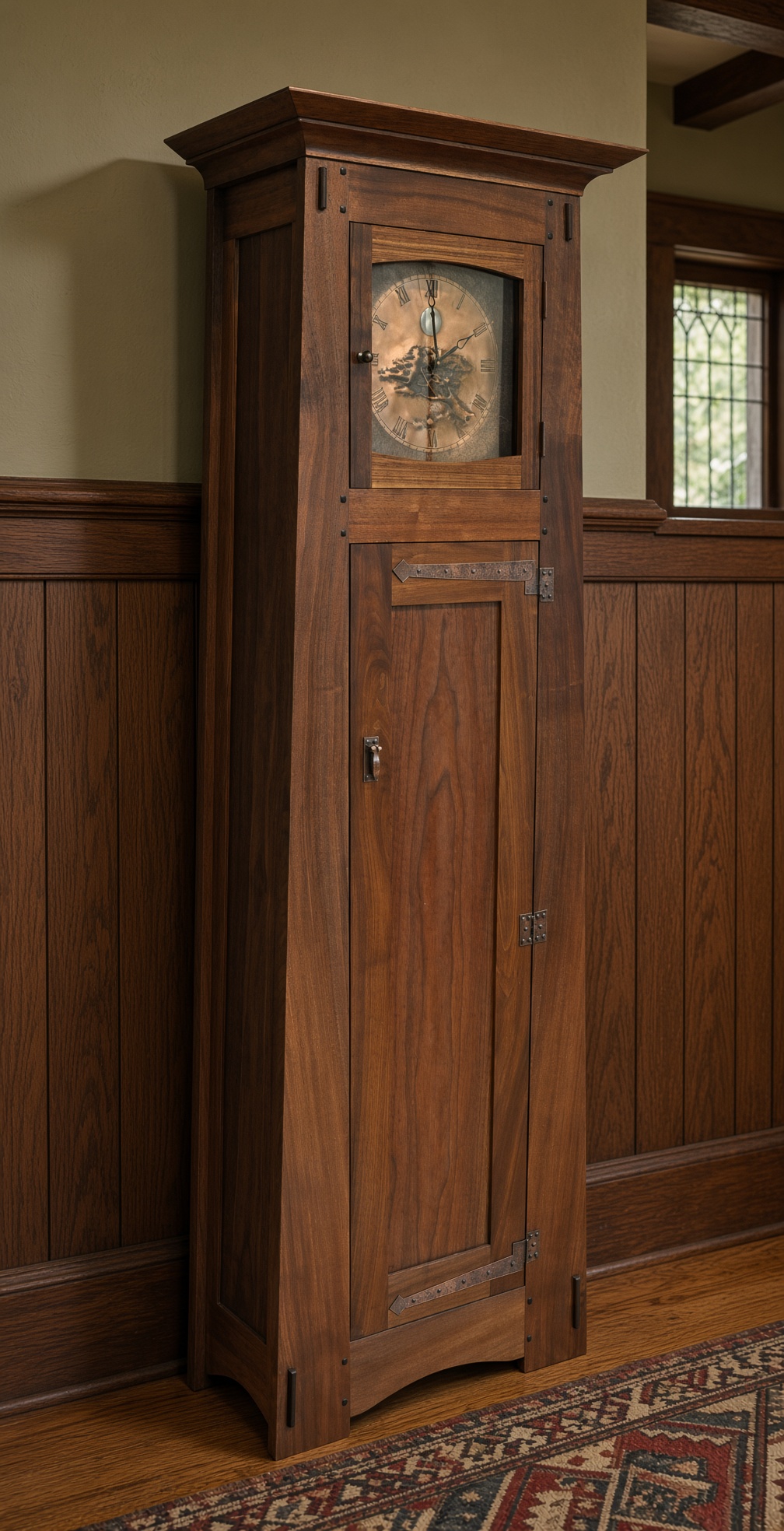 Walnut grandfather clock with a copper face
